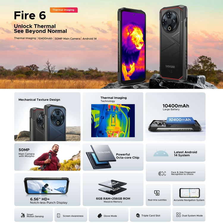 DOOGEE Fire 6 Rugged Phone, 6GB+256GB, 6.56 inch Android 14 Spreadtrum T606 Octa Core, Network: 4G, OTG - NMNYSX