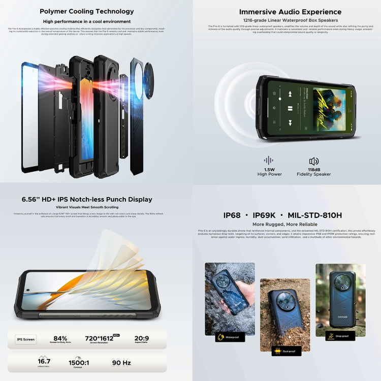 DOOGEE Fire 6 Rugged Phone, 6GB+256GB, 6.56 inch Android 14 Spreadtrum T606 Octa Core, Network: 4G, OTG - NMNYSX