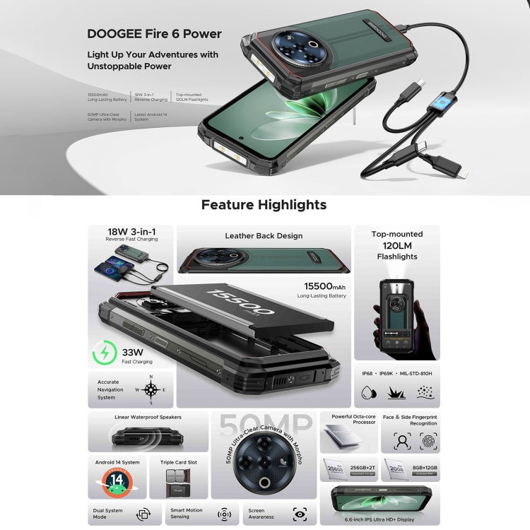 DOOGEE Fire 6 Power Rugged Phone, 8GB+256GB, 6.56 inch Android 14 Spreadtrum T606 Octa Core, Network: 4G, OTG, NFC - NMNYSX