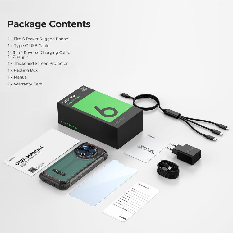 DOOGEE Fire 6 Power Rugged Phone, 8GB+256GB, 6.56 inch Android 14 Spreadtrum T606 Octa Core, Network: 4G, OTG, NFC - NMNYSX