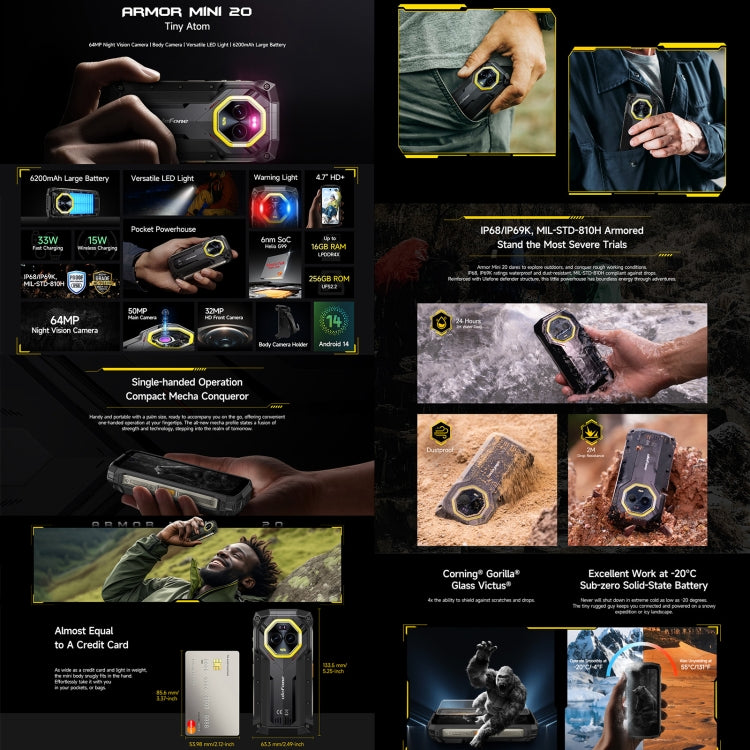 Ulefone Armor Mini 20, Night Vision, 8GB+256GB, IP68/IP69K Rugged Phone, 4.7 inch Android 14 MediaTek Dimensity 6300 Octa Core, Network: 4G, NFC, OTG, Armor Mini 20 - NMNYSX