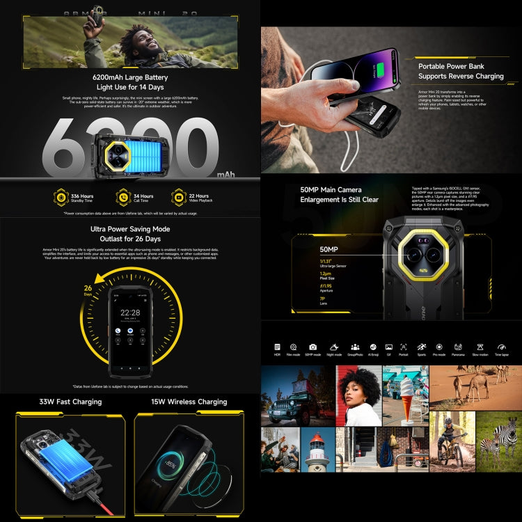 Ulefone Armor Mini 20, Night Vision, 8GB+256GB, IP68/IP69K Rugged Phone, 4.7 inch Android 14 MediaTek Dimensity 6300 Octa Core, Network: 4G, NFC, OTG, Armor Mini 20 - NMNYSX