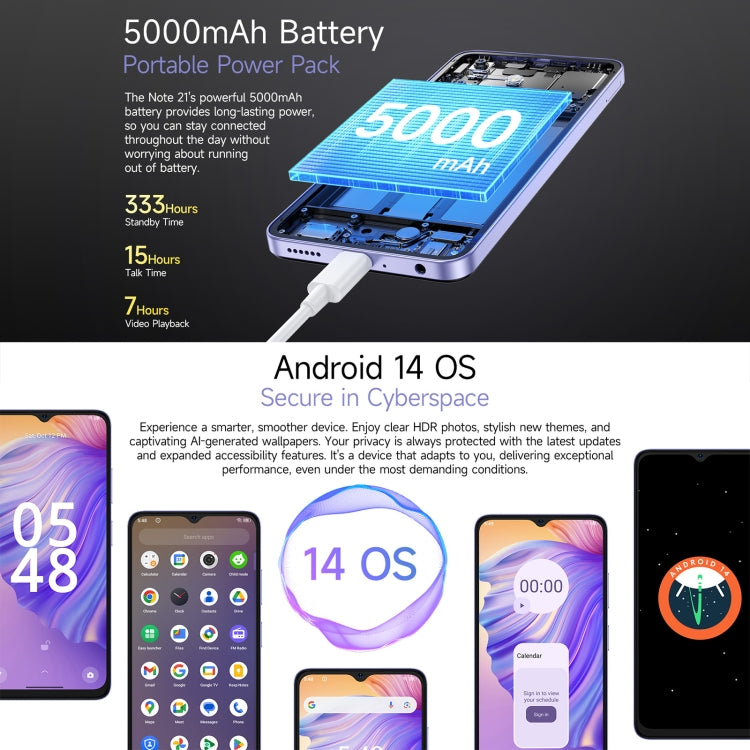 Ulefone Note 21, 4GB+128GB, Face ID & Fingerprint, 6.56 inch Android 14 Unisoc T606 Octa Core, Network: 4G, Dual SIM, OTG - NMNYSX
