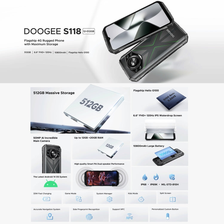 DOOGEE S118 Rugged Phone, 12GB+512GB, 6.58 inch Android 14 MediaTek Helio G99 Octa Core, Network: 4G, OTG, NFC - NMNYSX