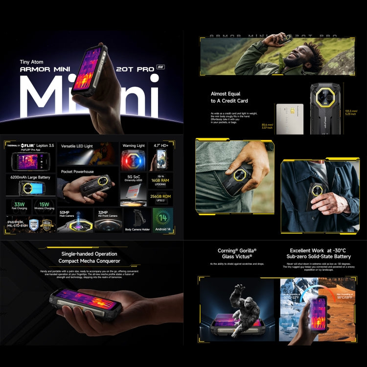 Ulefone Armor Mini 20T Pro, Thermal Imaging, 8GB+256GB, IP68/IP69K Rugged Phone, 4.7 inch Android 14 MediaTek Dimensity 6300 5G Octa Core, Network: 5G, NFC, OTG, Armor Mini 20T Pro - NMNYSX