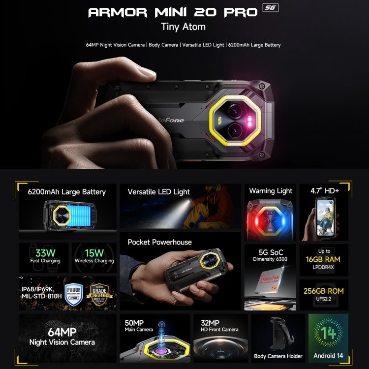 Ulefone Armor Mini 20 Pro, 8GB+256GB, IP68/IP69K Rugged Phone, 4.7 inch Android 14 MediaTek Dimensity 6300 5G Octa Core, Network: 5G, NFC, OTG, Armor Mini 20 Pro - NMNYSX