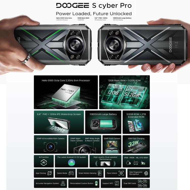 DOOGEE S Cyber Pro, Side Fingerprint, Night Vision, 12GB+512GB, 6.6 inch Android 14 Helio G100 Octa Core, Network: 4G, OTG, NFC - NMNYSX