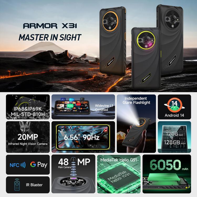 Ulefone Armor X31, 6GB+128GB, Night Vision, IP68/IP69K Rugged Phone, 6.56 inch Android 14 MediaTek Helio G91 Octa Core, Network: 4G, NFC, OTG, Armor X31 - NMNYSX
