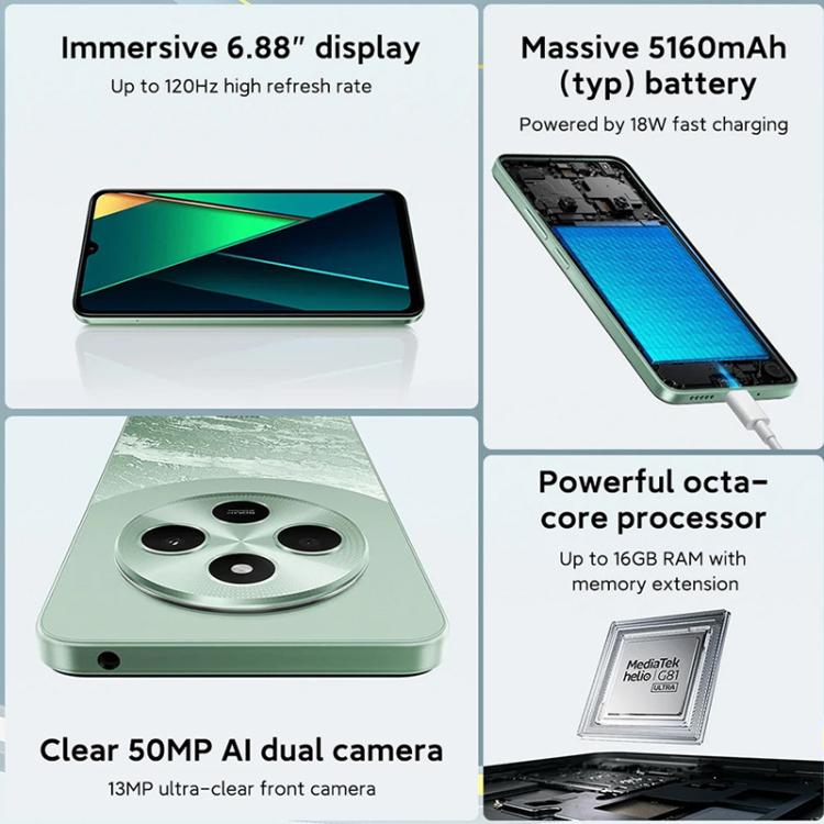 Xiaomi POCO C75 Global, 8GB+256GB, Side Fingerprint, 6.88 inch Xiaomi HyperOS MediaTek Helio G81-Ultra Octa Core, NFC, Network: 4G