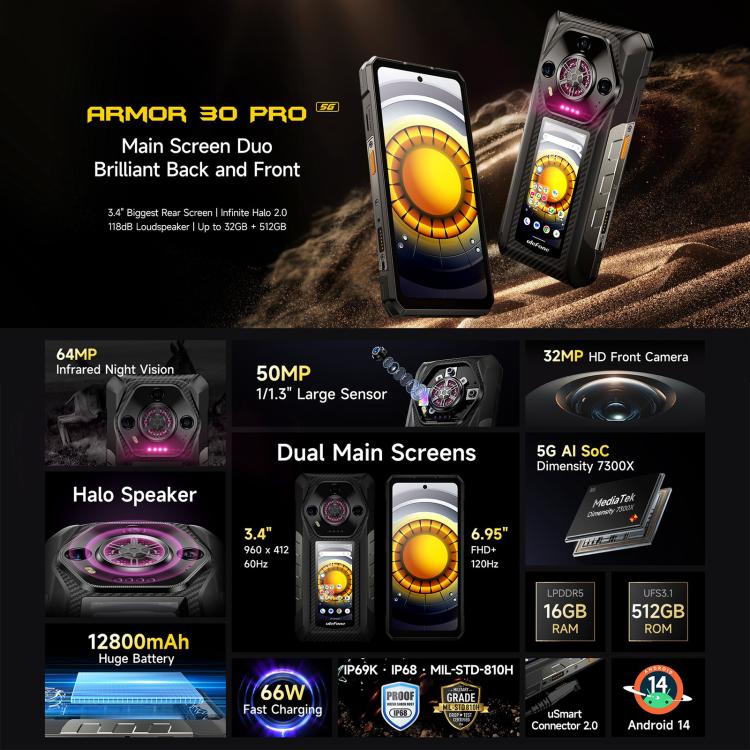 Ulefone Armor 30 Pro Rugged Phone, 16GB+512GB, Night Vision, 6.95 inch + 3.4 inch Dual Screen Android 14 MediaTek Dimensity 7300X Octa Core, Network: 5G, OTG, NFC - NMNYSX