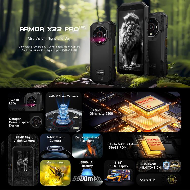 Ulefone Armor X32 Pro 5G, 8GB+256GB, Night Vision, IP68/IP69K Rugged Phone, 5.65 inch Android 14 MediaTek Dimensity 6300 Octa Core, Network: 5G, NFC, OTG, Armor X32 Pro 5G - NMNYSX