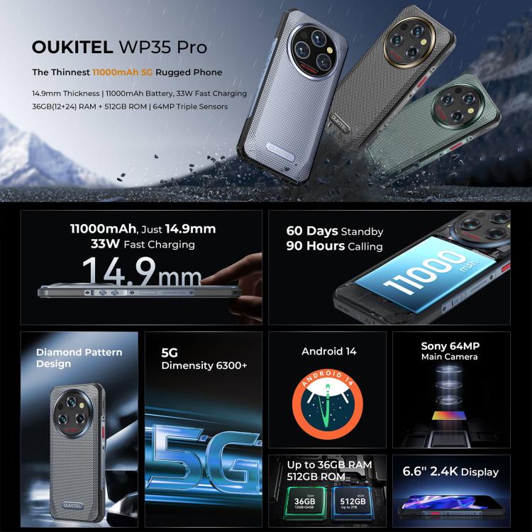 Oukitel WP35 Pro 5G Rugged Phone, 12GB+512GB, 6.6 inch MediaTek Dimensity 6300 Octa Core, NFC, OTG, Network: 5G, WP35 Pro 5G - NMNYSX