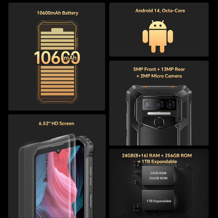 Oukitel WP23 Plus Rugged Phone, 8GB+256GB, 6.52 inch Android 14.0Unisoc T606 Octa-core, NFC, OTG, Network: 4G, WP23 Plus - NMNYSX