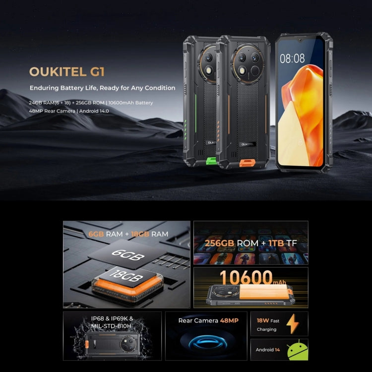 Oukitel G1 Rugged Phone, 6GB+256GB, Fingerprint Identification, 6.52 inch Android 14 T606 Octa Core, NFC, OTG, Network: 4G - NMNYSX