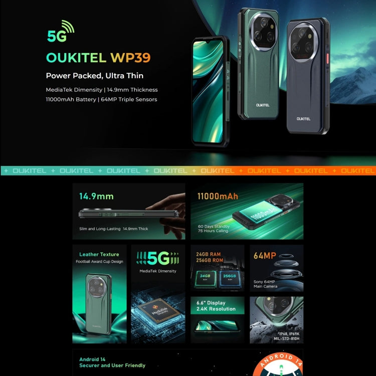 Oukitel WP39 Pro 5G Rugged Phone, 6GB+256GB, Night Vision, Fingerprint Identification, 6.6 inch MediaTek Dimensity 6100+ Octa Core, NFC, OTG, Network: 5G, WP39 5G - NMNYSX