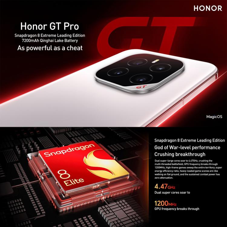 Honor GT Pro, 16GB+512GB, Ultrasonic Fingerprint, 6.78 inch MagicOS 9.0 / Android 15 Snapdragon 8 Elite Octa Core, Network: 5G, NFC, OTG, 16GB+512GB