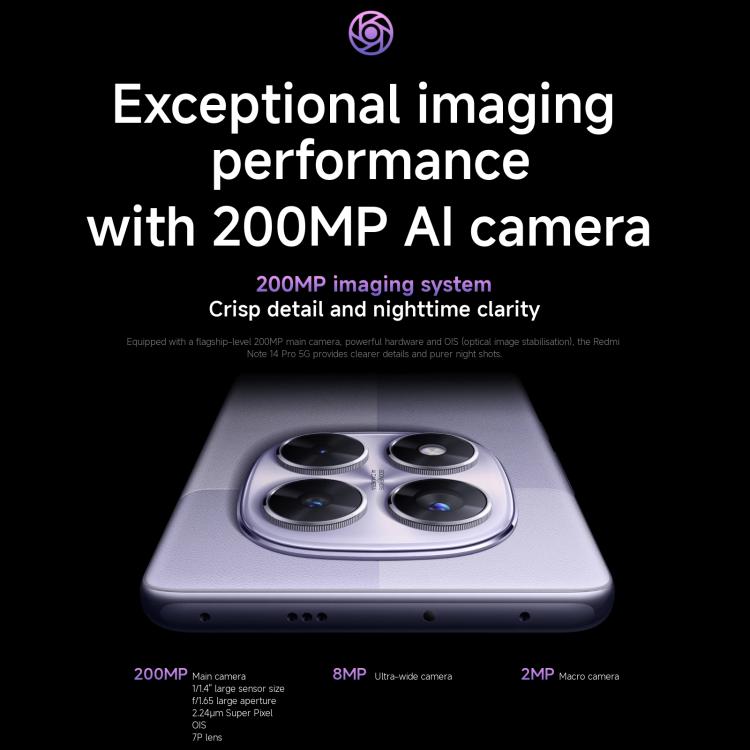 Xiaomi Redmi Note 14 Pro 5G Global, 8GB+256GB, In-screen Fingerprint, 6.67 inch Xiaomi HyperOS MediaTek Dimensity 7300-Ultra Octa Core, NFC, Network: 5G, Note 14 Pro 5G, 8GB+256GB(Black), Note 14 Pro 5G, 8GB+256GB(Purple)