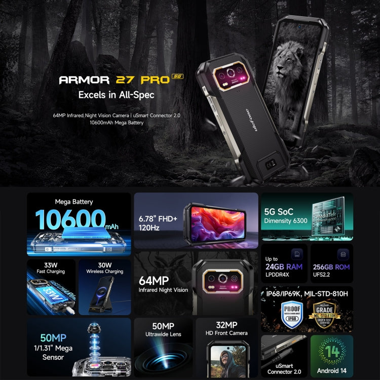 Ulefone Armor 27 Pro Rugged Phone, 12GB+256GB, Night Vision, 10600mAh, 6.78 inch Android 14 MediaTek Dimensity 6300 Octa Core, Network: 5G, NFC, Armor 27 Pro - NMNYSX