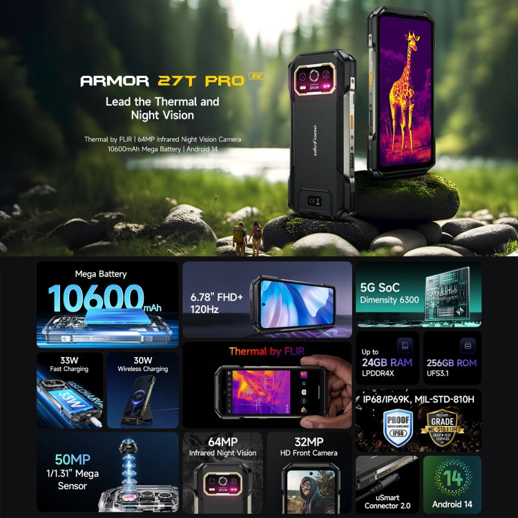 Ulefone Armor 27T Pro Rugged Phone, Thermal Imaging, 12GB+256GB, Night Vision, 10600mAh, 6.78 inch Android 14 MediaTek Dimensity 6300 Octa Core, Network: 5G, NFC, Armor 27T Pro - NMNYSX