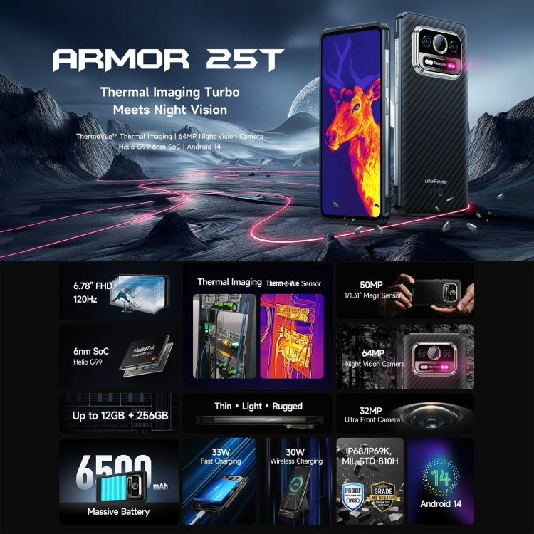 Ulefone Armor 25T Rugged Phone, 6GB+256GB, Thermal Imaging, 6.78 inch Android 14 MediaTek Helio G99 Octa Core, Network: 4G, NFC, OTG, Armor 25T - NMNYSX