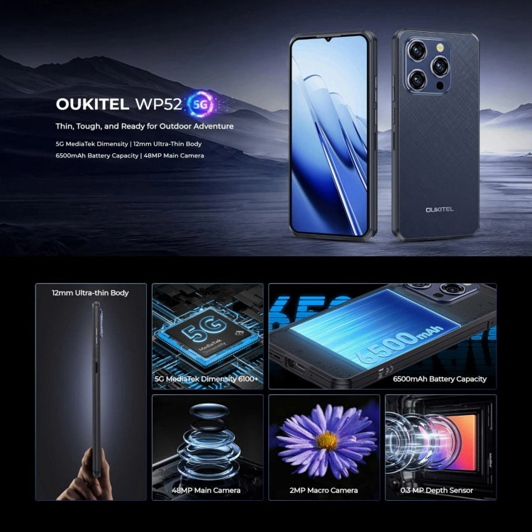 Oukitel WP52 5G Rugged Phone, 4GB+256GB, 6.6 inch Android 14.0 MediaTek Dimensity 6100+ Octa-core 3.0GHz, NFC, OTG, Network: 5G, WP52 - NMNYSX