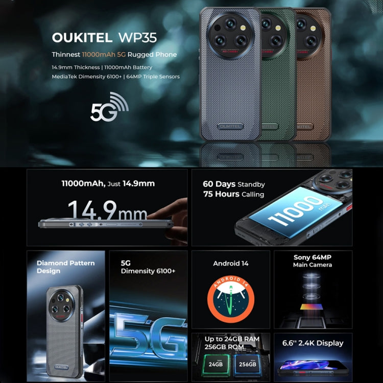 Oukitel WP35 5G Rugged Phone, 8GB+256GB, IP68/IP69K Fingerprint Identification, 11000mAh, 6.6 inch MediaTek Dimensity 6100+ Octa Core, NFC, OTG, Network: 5G, WP35 5G - NMNYSX