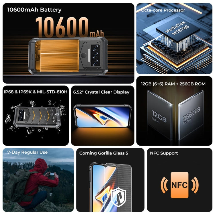 Oukitel WP38 Rugged Phone, 12GB+256GB, IP68/IP69K, Fingerprint Identification, 10600mAh, 6.52 inch MediaTek MT8788 Octa Core, NFC, OTG, Network: 4G - NMNYSX