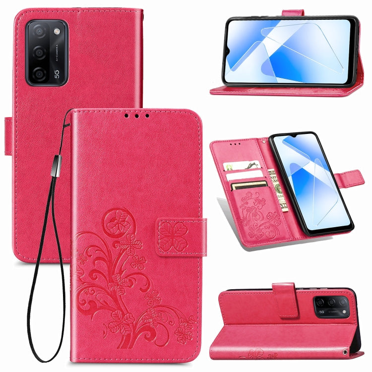 Four-leaf Clasp Embossed Buckle Mobile Phone Protection Leather Case with Lanyard & Card Slot & Wallet & Bracket Function, For OPPO A55 5G - NMNYSX