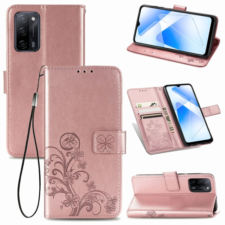 Four-leaf Clasp Embossed Buckle Mobile Phone Protection Leather Case with Lanyard & Card Slot & Wallet & Bracket Function, For OPPO A55 5G - NMNYSX