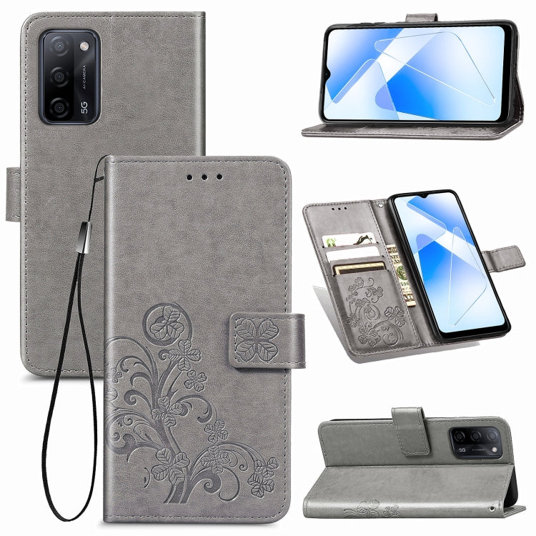 Four-leaf Clasp Embossed Buckle Mobile Phone Protection Leather Case with Lanyard & Card Slot & Wallet & Bracket Function, For OPPO A55 5G - NMNYSX