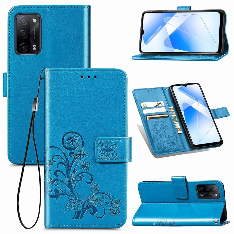 Four-leaf Clasp Embossed Buckle Mobile Phone Protection Leather Case with Lanyard & Card Slot & Wallet & Bracket Function, For OPPO A55 5G - NMNYSX