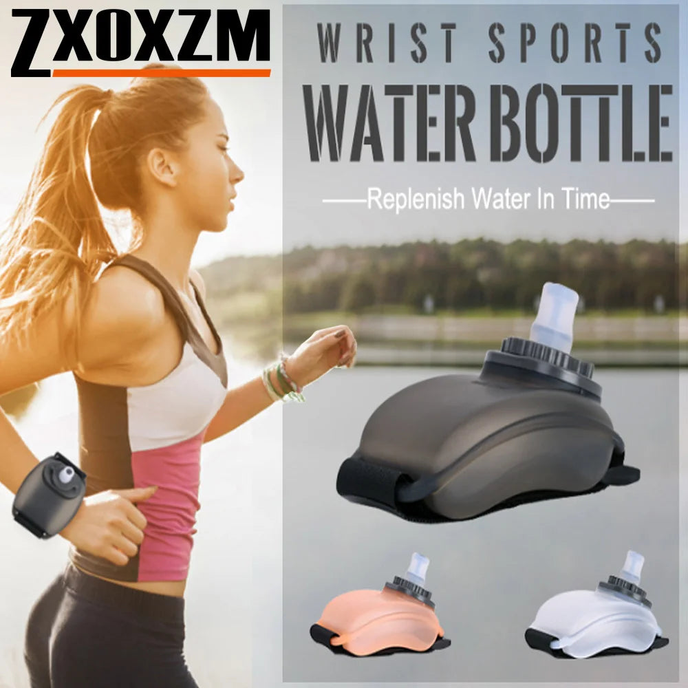 Wrist sports water bottle with a woman running in the background