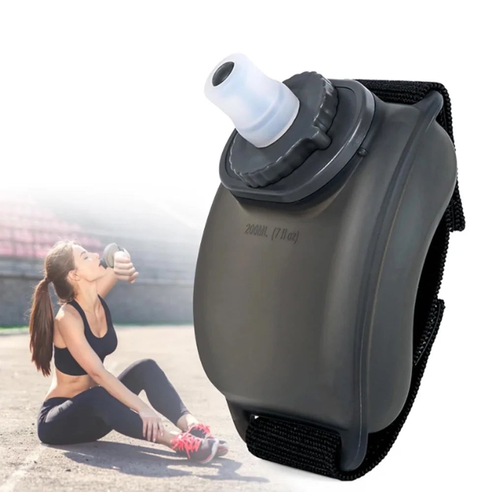 Hydration bladder with drinking tube next to a woman exercising outdoors