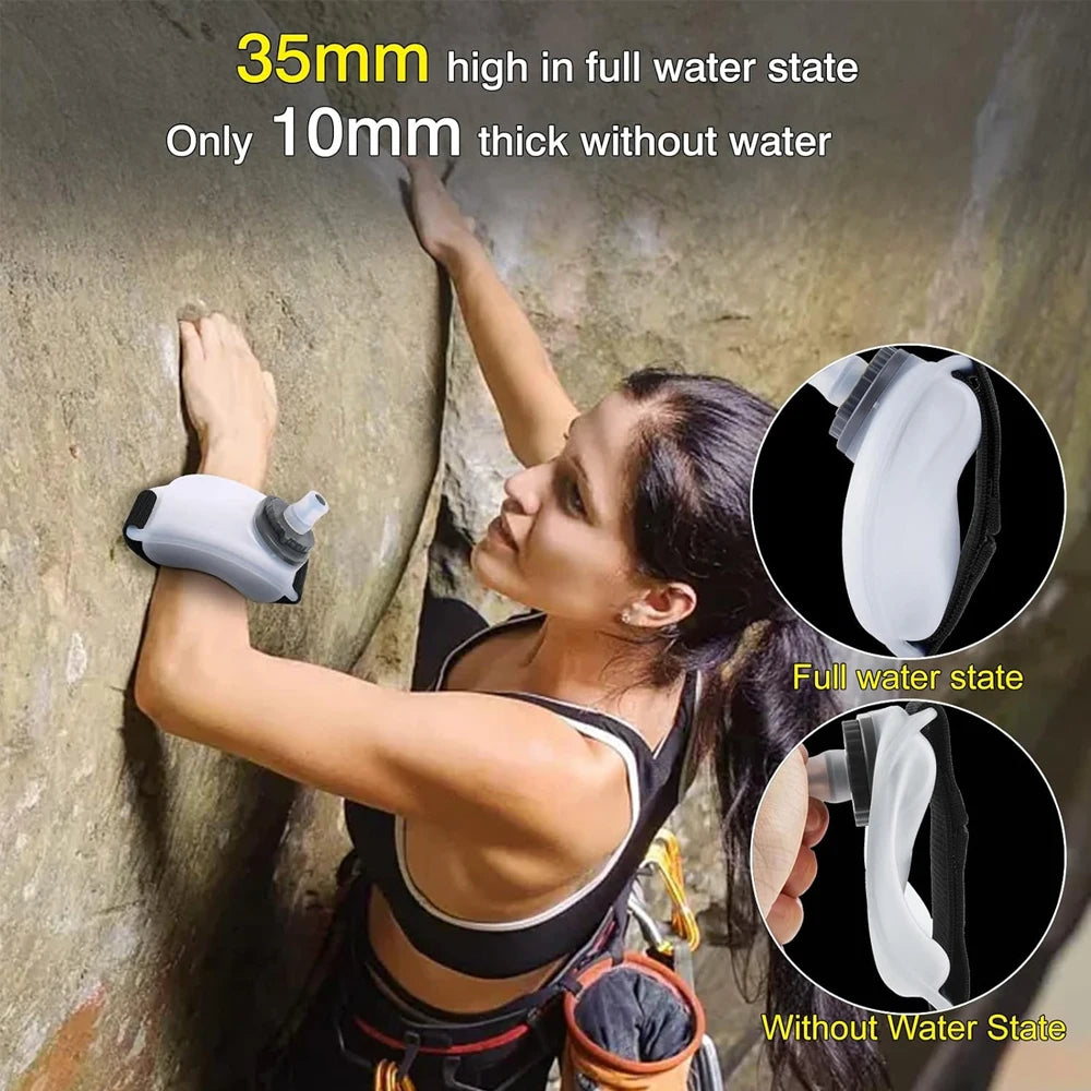 Person climbing a rock wall with a product showing water absorption capacity, including text and close-up illustrations.