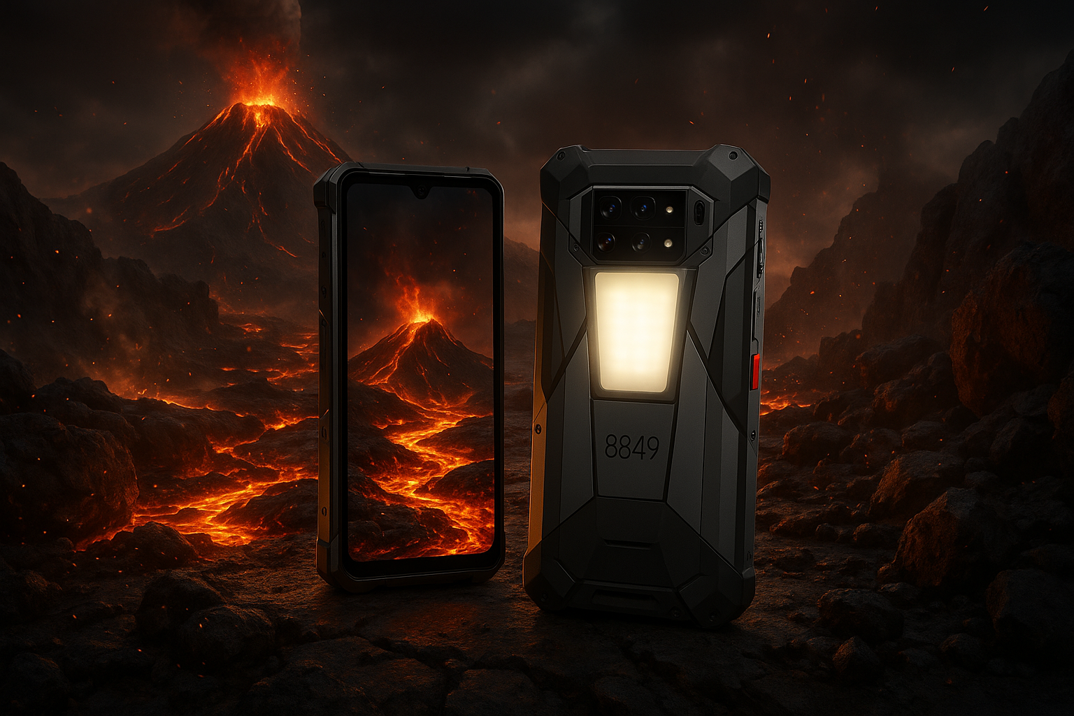 Rugged phones on volcanic landscape